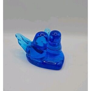 Vintage Leo Ward Double Bluebirds Of Happiness Art Glass Heart Pair Signed 1994